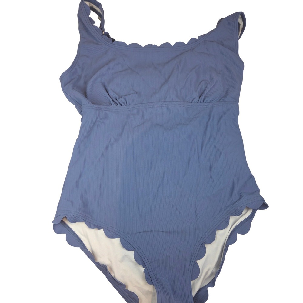 Charmo One Piece Swimsuit Womens L Blue Ribbed Scalloped Cutout Coastal 835 NWOT